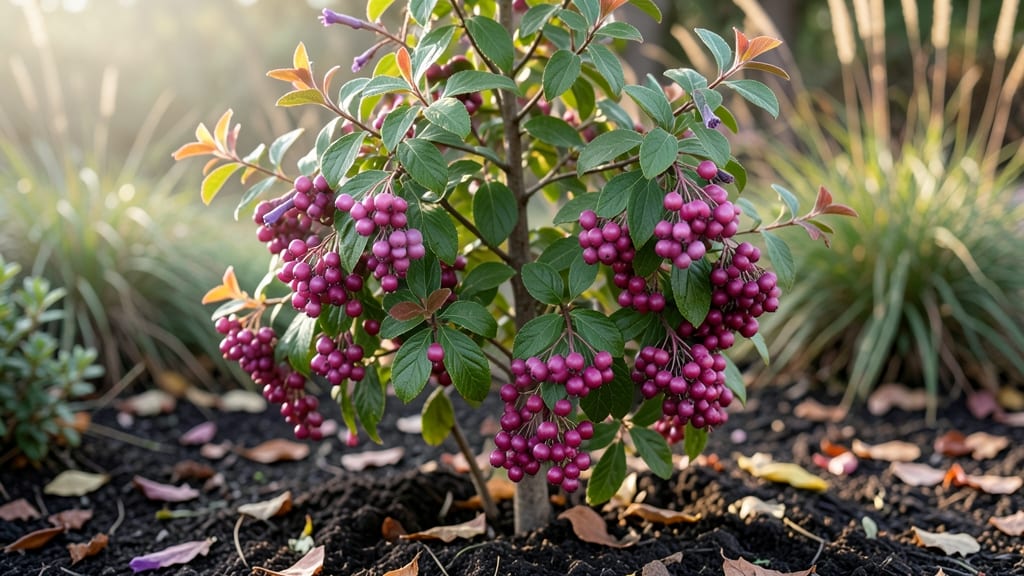 Tree With Purple Berries In Summer: Vibrant Summer Garden Statement